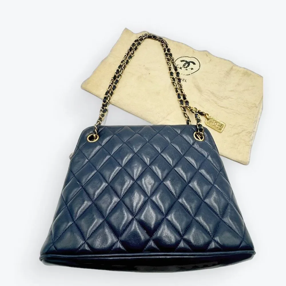 Auth Chanel Mademoiselle Navy Blue Polished Matelasse Quilted Shoulder Bag - Picture 6 of 16
